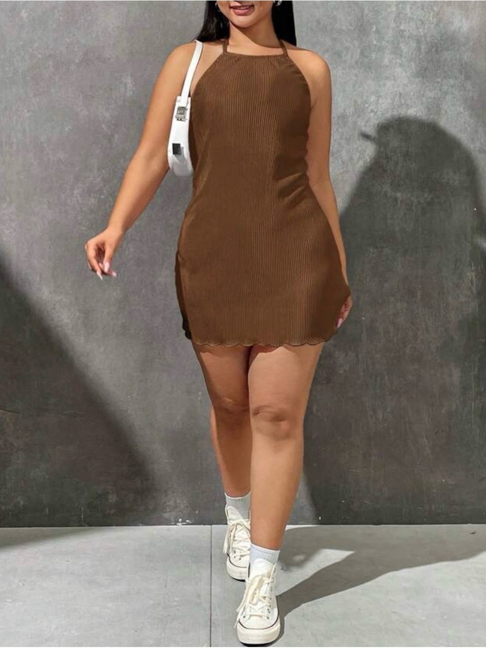 Brown Ribbed Halter Mini Dress